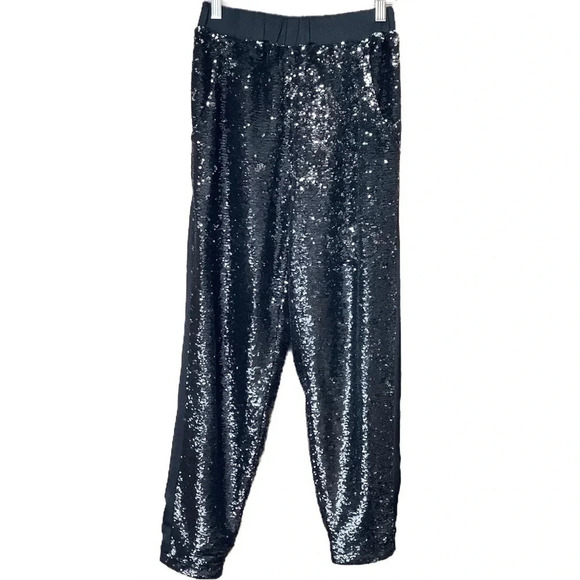 TOPSHOP Black Sequin Tuxedo Stripe Relaxed Trousers Size 4 - Picture 1 of 14